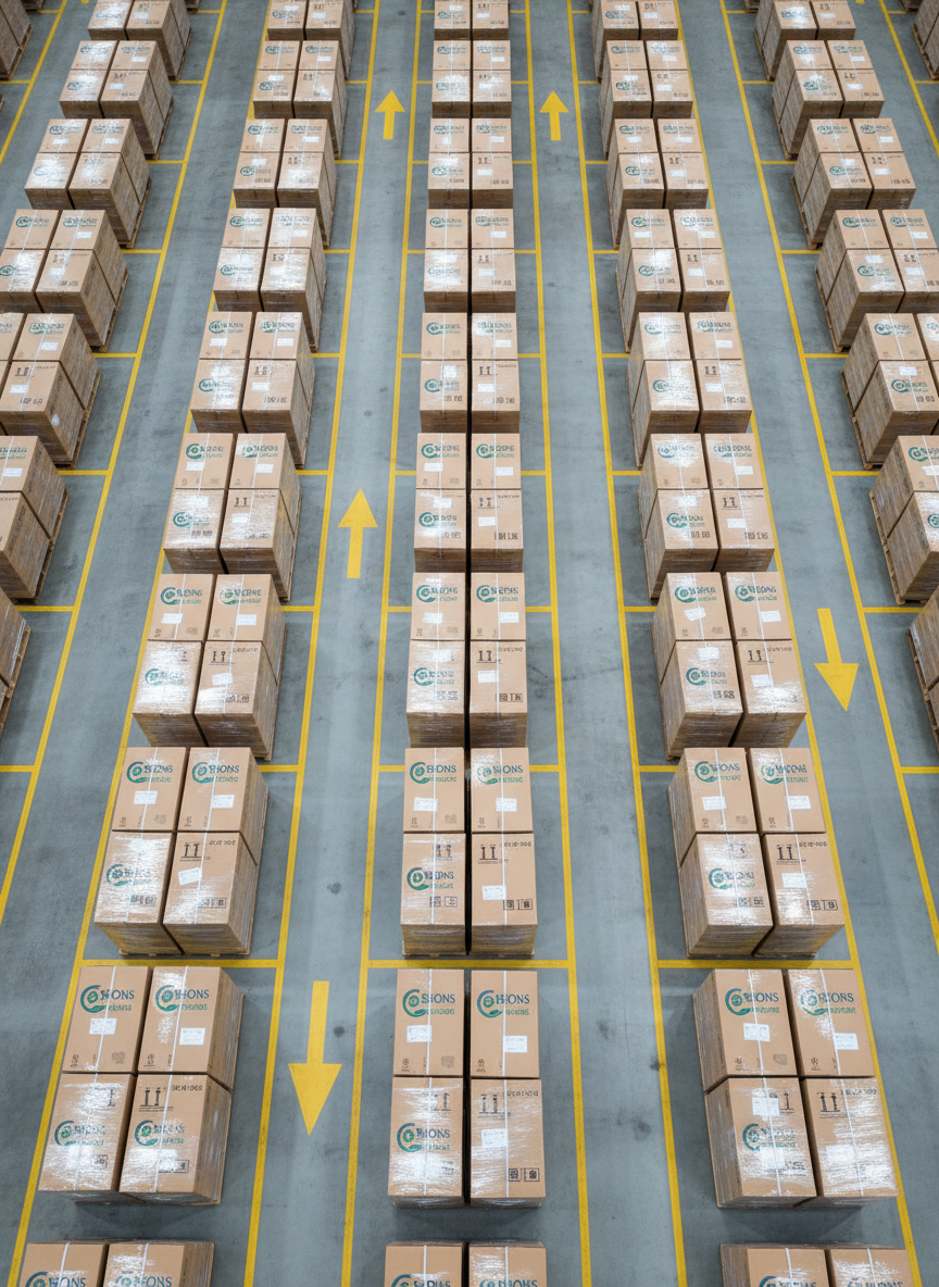 A high-contrast aerial view of neatly organized export pallets wrapped in clear stretch film, each loaded with uniform cardboard cartons printed with a modern SISONS GLOBAL VENTURES logo and clear handling icons. The pallets are arranged in straight rows across a spotless, painted warehouse floor with bright yellow safety lanes and directional arrows. Overhead LED lighting floods the space with bright, neutral illumination, producing minimal shadows and emphasizing order and scale. The top-down composition creates geometric patterns of rectangles and lines, conveying efficiency, volume, and logistical precision. The photographic style is crisp and professional, perfect for illustrating large-scale, well-managed agro export operations ready for worldwide dispatch.