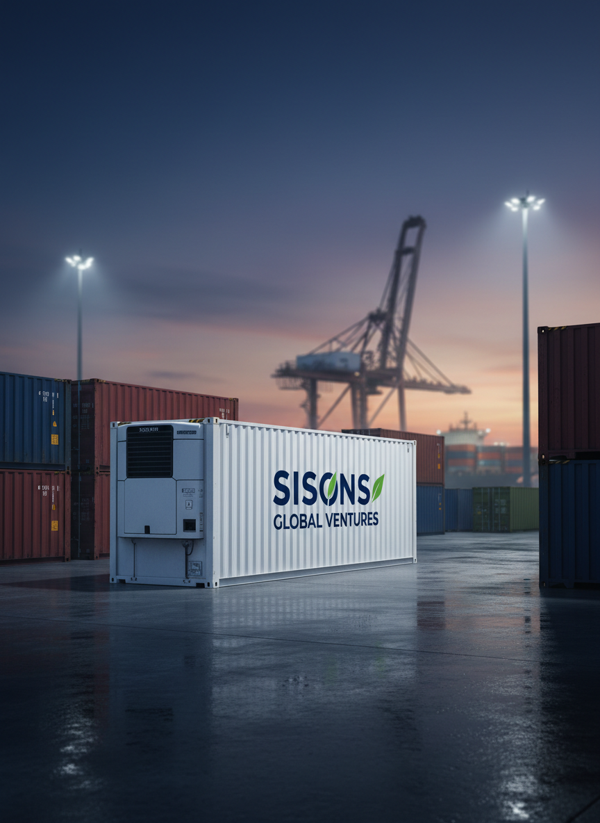 A cinematic dusk scene at an international shipping terminal, focusing on a single clean white refrigerated container prominently branded with SISONS GLOBAL VENTURES in bold, modern lettering and a subtle leaf motif. The container rests among other unbranded units on a wet concrete surface that gently reflects the ambient light. In the softly blurred background, stacked containers and a large gantry crane hint at global logistics. The sky glows deep blue with traces of orange near the horizon, while cool industrial floodlights cast controlled pools of light and soft shadows. Shot from a slightly low angle with the container on the rule of thirds, the photographic realism conveys reliability, cold-chain integrity, and worldwide reach.