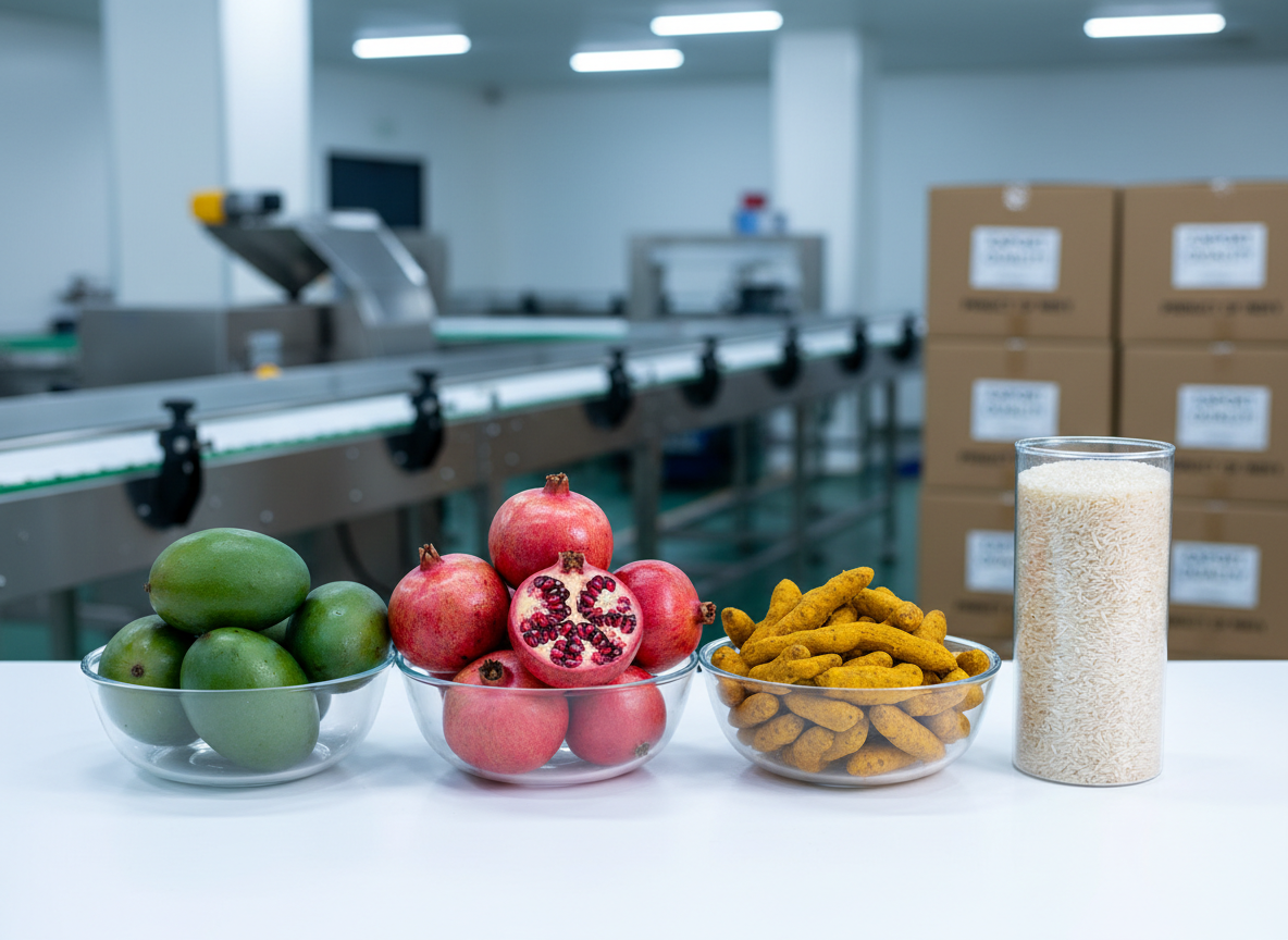 A neat arrangement of export-grade agricultural produce featuring glossy deep-green mangoes, bright red pomegranates, golden turmeric roots, and polished basmati rice grains displayed in clear, food-safe containers. They sit on a clean white inspection table inside a modern packhouse, with stainless steel surfaces and neatly stacked labeled cartons in the softly blurred background. Cool, diffused overhead lighting creates crisp reflections on the produce and subtle shadows beneath each container. Shot at eye level with sharp focus on the foreground items and gentle bokeh behind, the scene feels professional, hygienic, and globally ready. The photographic realism emphasizes quality, traceability, and reliability for international buyers.