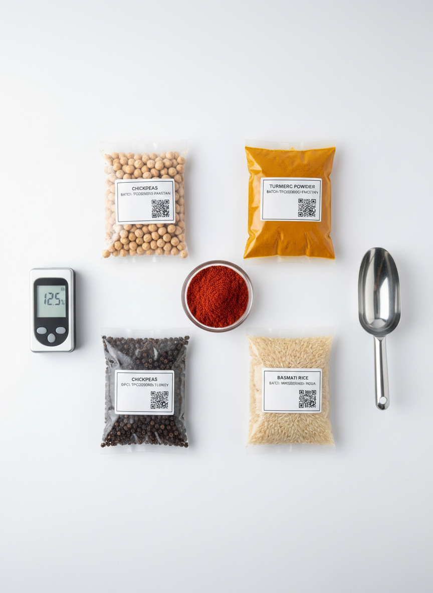 A meticulously arranged flat-lay of export-ready spice and grain samples on a matte white background: deep crimson chili powder in a small glass dish, golden turmeric powder, long-grain basmati rice, glossy chickpeas, and polished black peppercorns in separate, clearly labeled transparent pouches with printed batch codes and origin details. A digital moisture meter and a stainless-steel sample scoop lie neatly to one side. Soft studio lighting from above creates gentle, even illumination with minimal shadows, highlighting the textures and colors of each product. The composition uses generous negative space and symmetrical alignment, presenting a clean, modern, photographic aesthetic that communicates quality control, traceability, and professional agro export presentation.