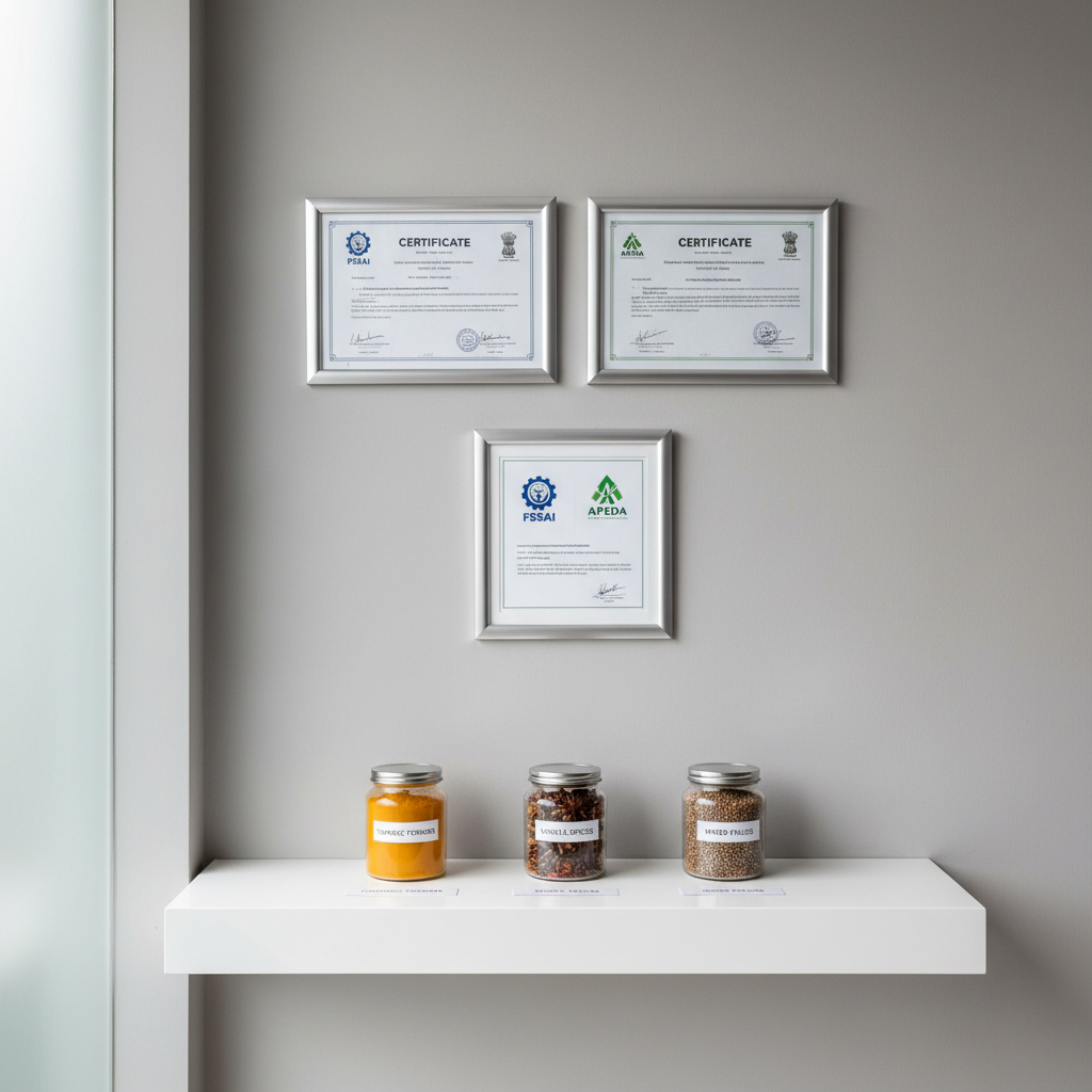 A close-up of a FSSAI and APEDA certification display mounted on a smooth light-grey wall inside a corporate-quality control office. Framed certificates with crisp logos and official seals are aligned in a precise grid above a minimalist white console holding neatly labeled sample jars of spices, grains, and pulses. Soft, diffused daylight filters through a frosted glass panel to the side, giving a gentle, professional glow without harsh shadows. Photographed straight-on with sharp focus across the entire frame and a balanced, centered composition, the scene feels trustworthy, compliant, and audit-ready. The photographic realism and clean aesthetic underscore regulatory reliability and global export credibility without any clutter or distractions.